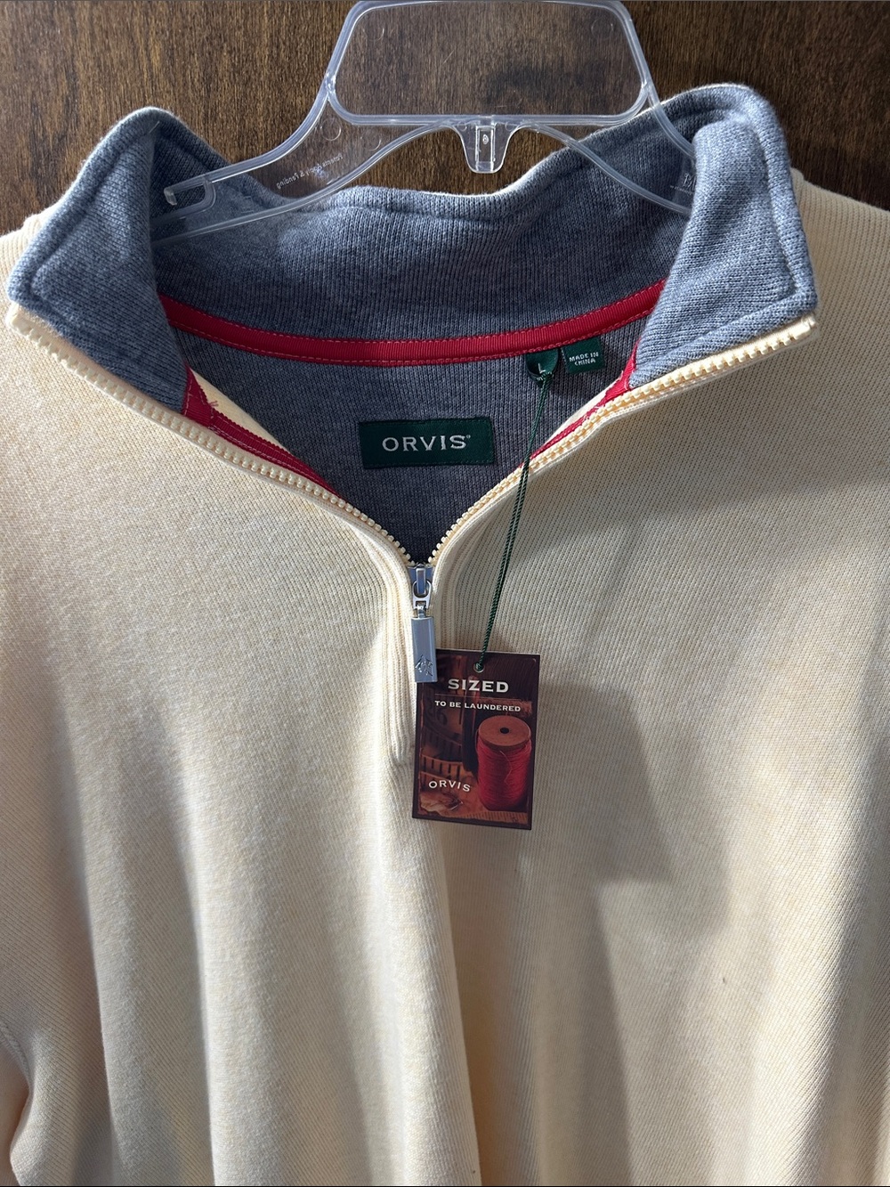 Orvis Cream Half-Zip Sweater with Gray Collar and Red Trim
